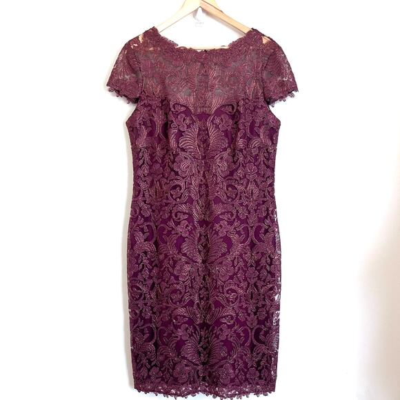 Tadashi Shoji Dresses & Skirts - Tadashi Shoji Lace Dress Size 14 Brown Feminine Romantic Gala Sheath Midi Dainty